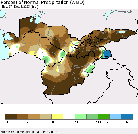 Central Asia Percent of Normal Precipitation (WMO) Thematic Map For 11/27/2023 - 12/3/2023
