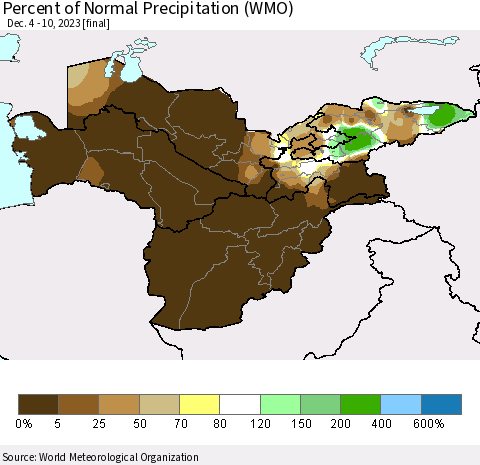 Central Asia Percent of Normal Precipitation (WMO) Thematic Map For 12/4/2023 - 12/10/2023
