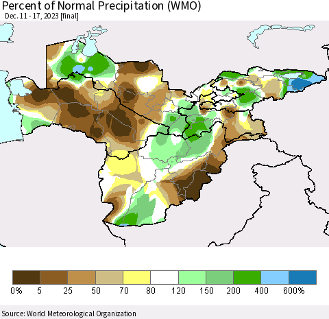 Central Asia Percent of Normal Precipitation (WMO) Thematic Map For 12/11/2023 - 12/17/2023