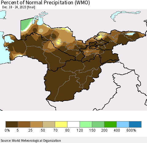 Central Asia Percent of Normal Precipitation (WMO) Thematic Map For 12/18/2023 - 12/24/2023