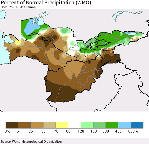 Central Asia Percent of Normal Precipitation (WMO) Thematic Map For 12/25/2023 - 12/31/2023