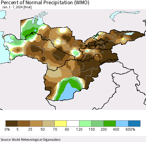Central Asia Percent of Normal Precipitation (WMO) Thematic Map For 1/1/2024 - 1/7/2024