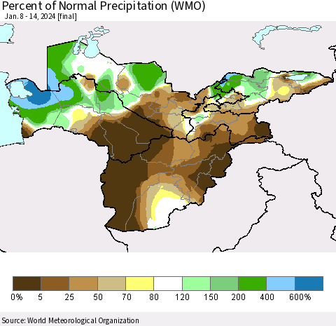 Central Asia Percent of Normal Precipitation (WMO) Thematic Map For 1/8/2024 - 1/14/2024