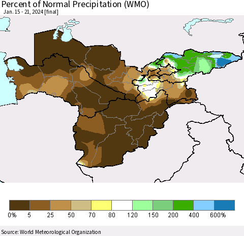 Central Asia Percent of Normal Precipitation (WMO) Thematic Map For 1/15/2024 - 1/21/2024