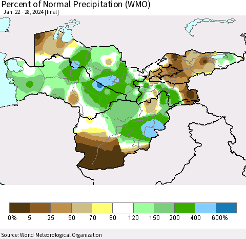 Central Asia Percent of Normal Precipitation (WMO) Thematic Map For 1/22/2024 - 1/28/2024