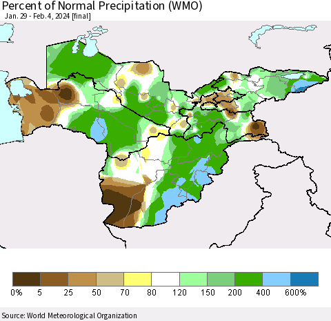 Central Asia Percent of Normal Precipitation (WMO) Thematic Map For 1/29/2024 - 2/4/2024
