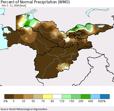 Central Asia Percent of Normal Precipitation (WMO) Thematic Map For 2/5/2024 - 2/11/2024