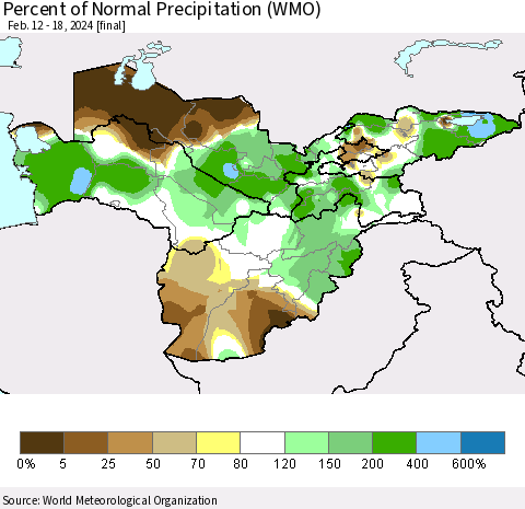 Central Asia Percent of Normal Precipitation (WMO) Thematic Map For 2/12/2024 - 2/18/2024