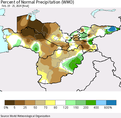 Central Asia Percent of Normal Precipitation (WMO) Thematic Map For 2/19/2024 - 2/25/2024