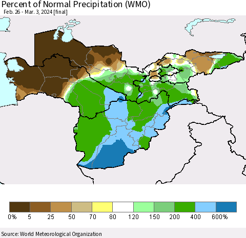 Central Asia Percent of Normal Precipitation (WMO) Thematic Map For 2/26/2024 - 3/3/2024