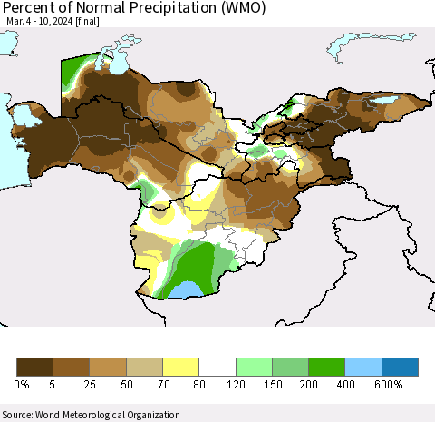 Central Asia Percent of Normal Precipitation (WMO) Thematic Map For 3/4/2024 - 3/10/2024