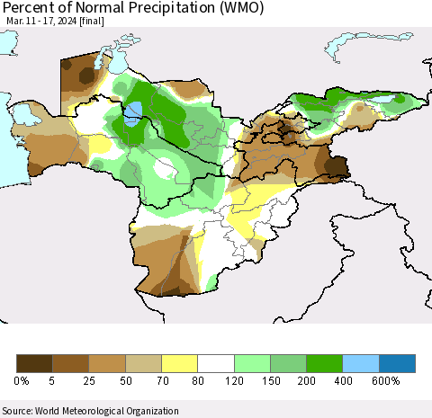Central Asia Percent of Normal Precipitation (WMO) Thematic Map For 3/11/2024 - 3/17/2024