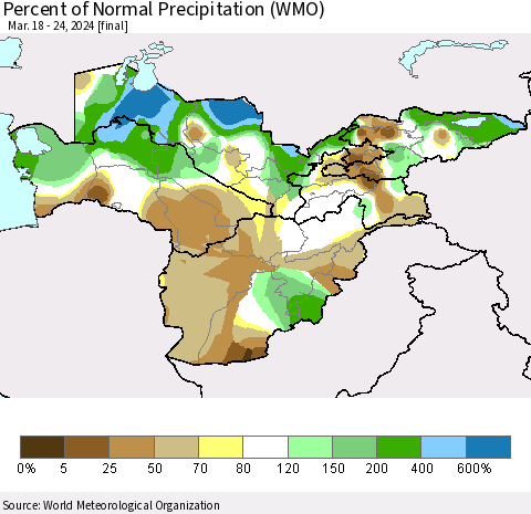 Central Asia Percent of Normal Precipitation (WMO) Thematic Map For 3/18/2024 - 3/24/2024