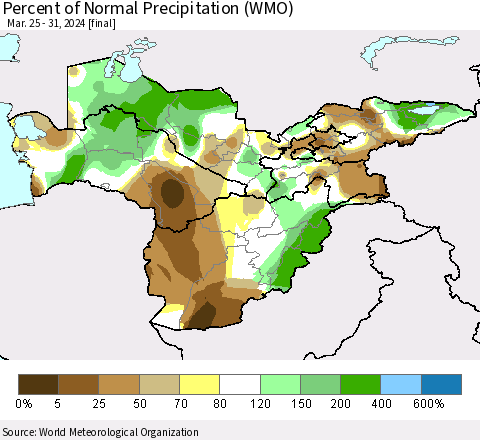 Central Asia Percent of Normal Precipitation (WMO) Thematic Map For 3/25/2024 - 3/31/2024