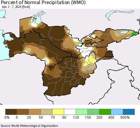 Central Asia Percent of Normal Precipitation (WMO) Thematic Map For 4/1/2024 - 4/7/2024