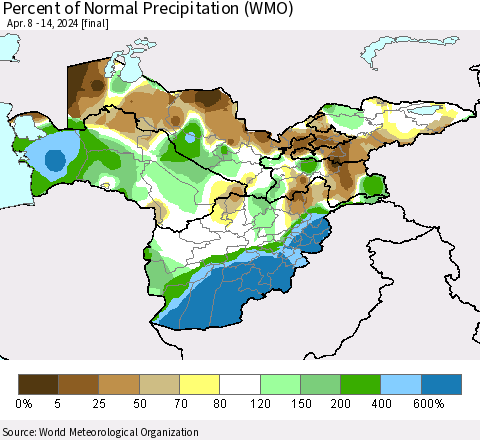 Central Asia Percent of Normal Precipitation (WMO) Thematic Map For 4/8/2024 - 4/14/2024