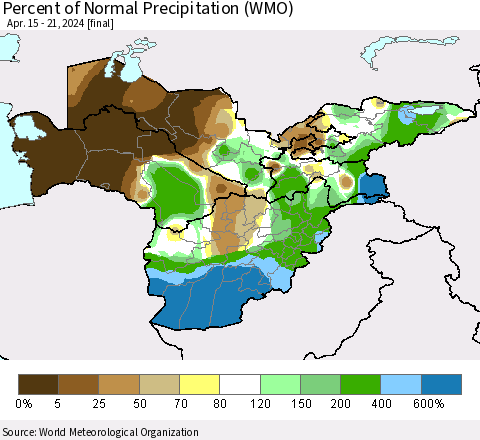 Central Asia Percent of Normal Precipitation (WMO) Thematic Map For 4/15/2024 - 4/21/2024