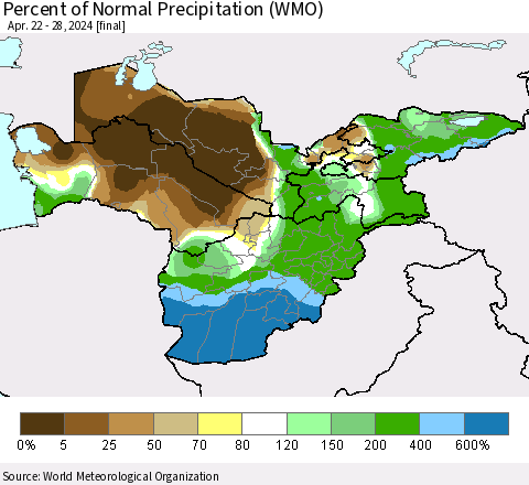 Central Asia Percent of Normal Precipitation (WMO) Thematic Map For 4/22/2024 - 4/28/2024