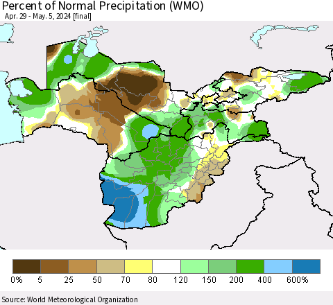 Central Asia Percent of Normal Precipitation (WMO) Thematic Map For 4/29/2024 - 5/5/2024