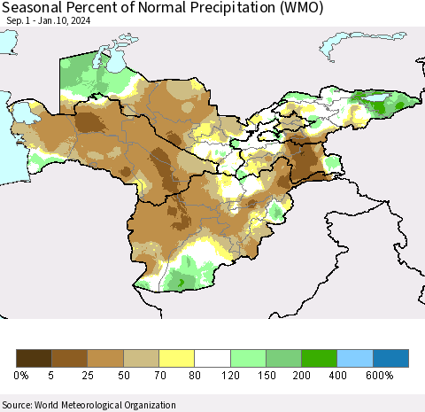 Central Asia Seasonal Percent of Normal Precipitation (WMO) Thematic Map For 9/1/2023 - 1/10/2024