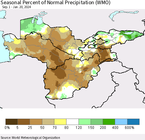 Central Asia Seasonal Percent of Normal Precipitation (WMO) Thematic Map For 9/1/2023 - 1/20/2024