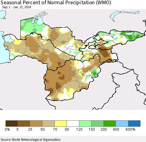 Central Asia Seasonal Percent of Normal Precipitation (WMO) Thematic Map For 9/1/2023 - 1/31/2024