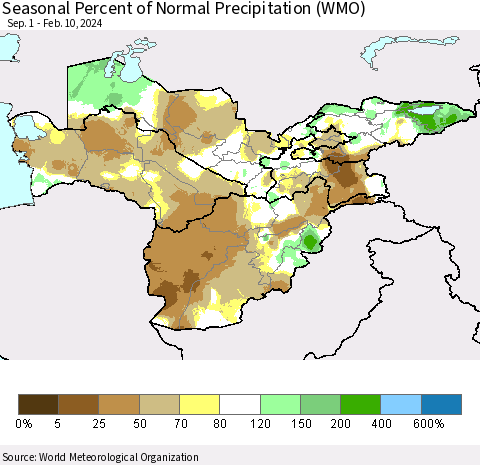 Central Asia Seasonal Percent of Normal Precipitation (WMO) Thematic Map For 9/1/2023 - 2/10/2024