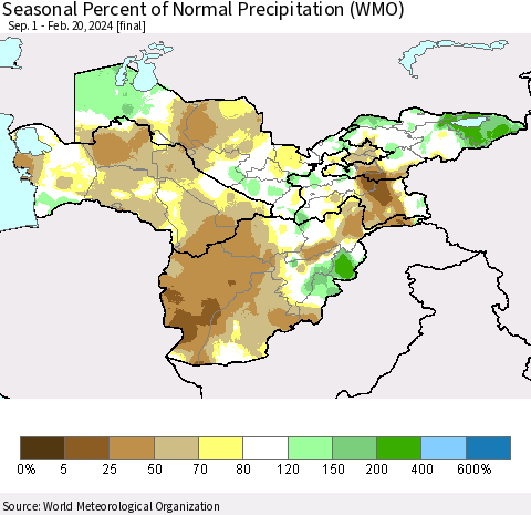 Central Asia Seasonal Percent of Normal Precipitation (WMO) Thematic Map For 9/1/2023 - 2/20/2024