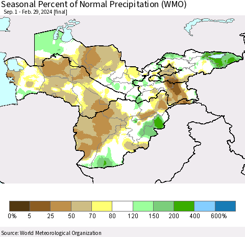 Central Asia Seasonal Percent of Normal Precipitation (WMO) Thematic Map For 9/1/2023 - 2/29/2024