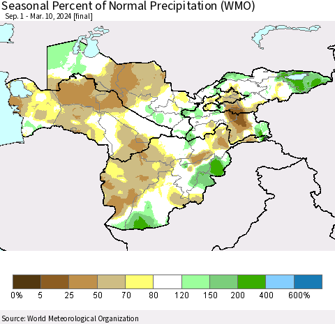 Central Asia Seasonal Percent of Normal Precipitation (WMO) Thematic Map For 9/1/2023 - 3/10/2024