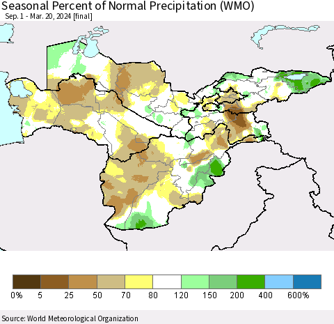 Central Asia Seasonal Percent of Normal Precipitation (WMO) Thematic Map For 9/1/2023 - 3/20/2024