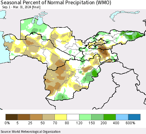 Central Asia Seasonal Percent of Normal Precipitation (WMO) Thematic Map For 9/1/2023 - 3/31/2024
