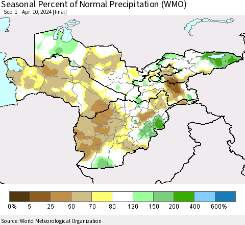 Central Asia Seasonal Percent of Normal Precipitation (WMO) Thematic Map For 9/1/2023 - 4/10/2024