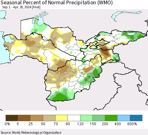 Central Asia Seasonal Percent of Normal Precipitation (WMO) Thematic Map For 9/1/2023 - 4/20/2024