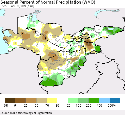 Central Asia Seasonal Percent of Normal Precipitation (WMO) Thematic Map For 9/1/2023 - 4/30/2024