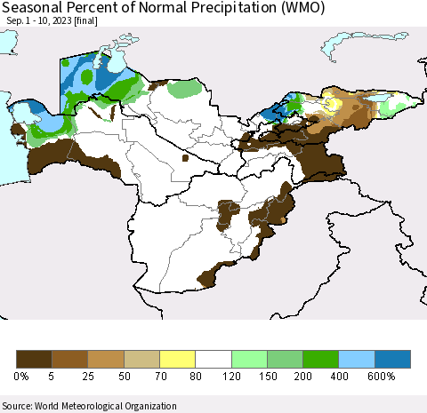 Central Asia Seasonal Percent of Normal Precipitation (WMO) Thematic Map For 9/1/2023 - 9/10/2023