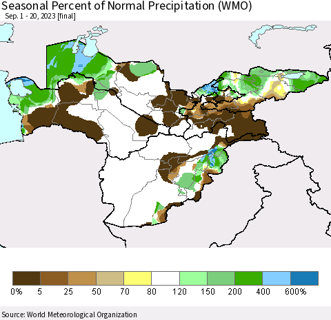 Central Asia Seasonal Percent of Normal Precipitation (WMO) Thematic Map For 9/1/2023 - 9/20/2023