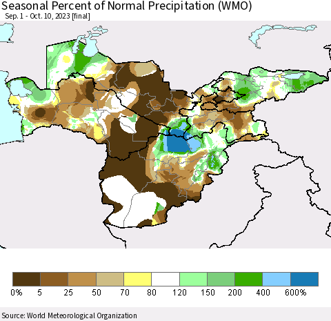Central Asia Seasonal Percent of Normal Precipitation (WMO) Thematic Map For 9/1/2023 - 10/10/2023
