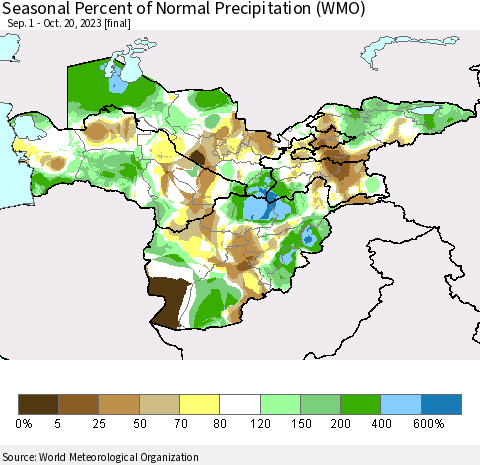 Central Asia Seasonal Percent of Normal Precipitation (WMO) Thematic Map For 9/1/2023 - 10/20/2023
