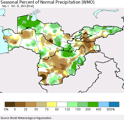 Central Asia Seasonal Percent of Normal Precipitation (WMO) Thematic Map For 9/1/2023 - 10/31/2023