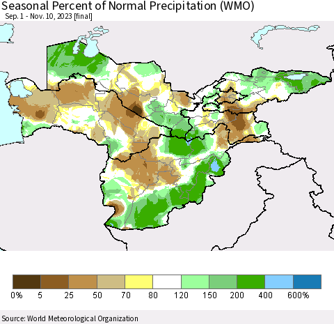 Central Asia Seasonal Percent of Normal Precipitation (WMO) Thematic Map For 9/1/2023 - 11/10/2023