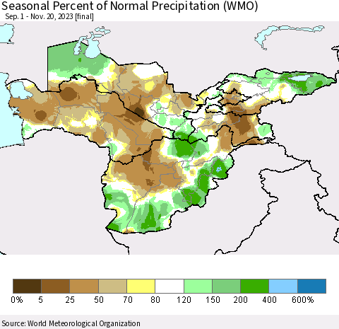 Central Asia Seasonal Percent of Normal Precipitation (WMO) Thematic Map For 9/1/2023 - 11/20/2023