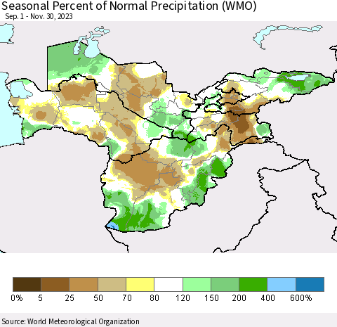 Central Asia Seasonal Percent of Normal Precipitation (WMO) Thematic Map For 9/1/2023 - 11/30/2023