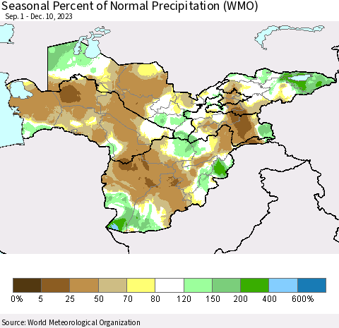 Central Asia Seasonal Percent of Normal Precipitation (WMO) Thematic Map For 9/1/2023 - 12/10/2023