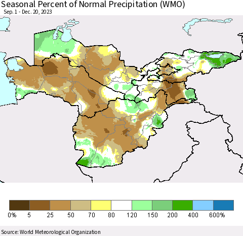 Central Asia Seasonal Percent of Normal Precipitation (WMO) Thematic Map For 9/1/2023 - 12/20/2023