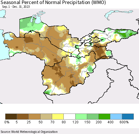 Central Asia Seasonal Percent of Normal Precipitation (WMO) Thematic Map For 9/1/2023 - 12/31/2023