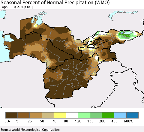 Central Asia Seasonal Percent of Normal Precipitation (WMO) Thematic Map For 4/1/2024 - 4/10/2024