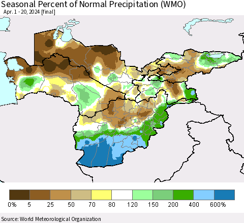 Central Asia Seasonal Percent of Normal Precipitation (WMO) Thematic Map For 4/1/2024 - 4/20/2024