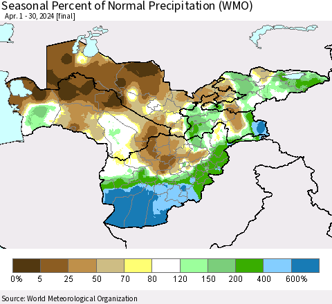 Central Asia Seasonal Percent of Normal Precipitation (WMO) Thematic Map For 4/1/2024 - 4/30/2024