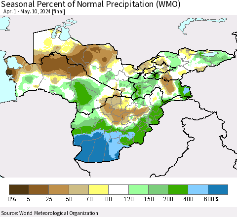 Central Asia Seasonal Percent of Normal Precipitation (WMO) Thematic Map For 4/1/2024 - 5/10/2024